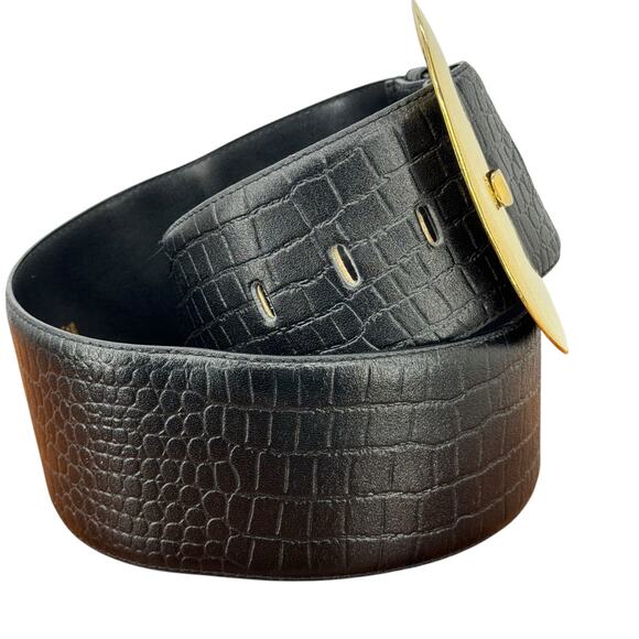 Magid Croco Embossed Wide Belt SZ L Women Black Big Buckle Chic Leather 70s Bold main image 5